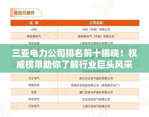 三亚电力公司排名前十揭晓!权威榜单助你了解行业巨头风采